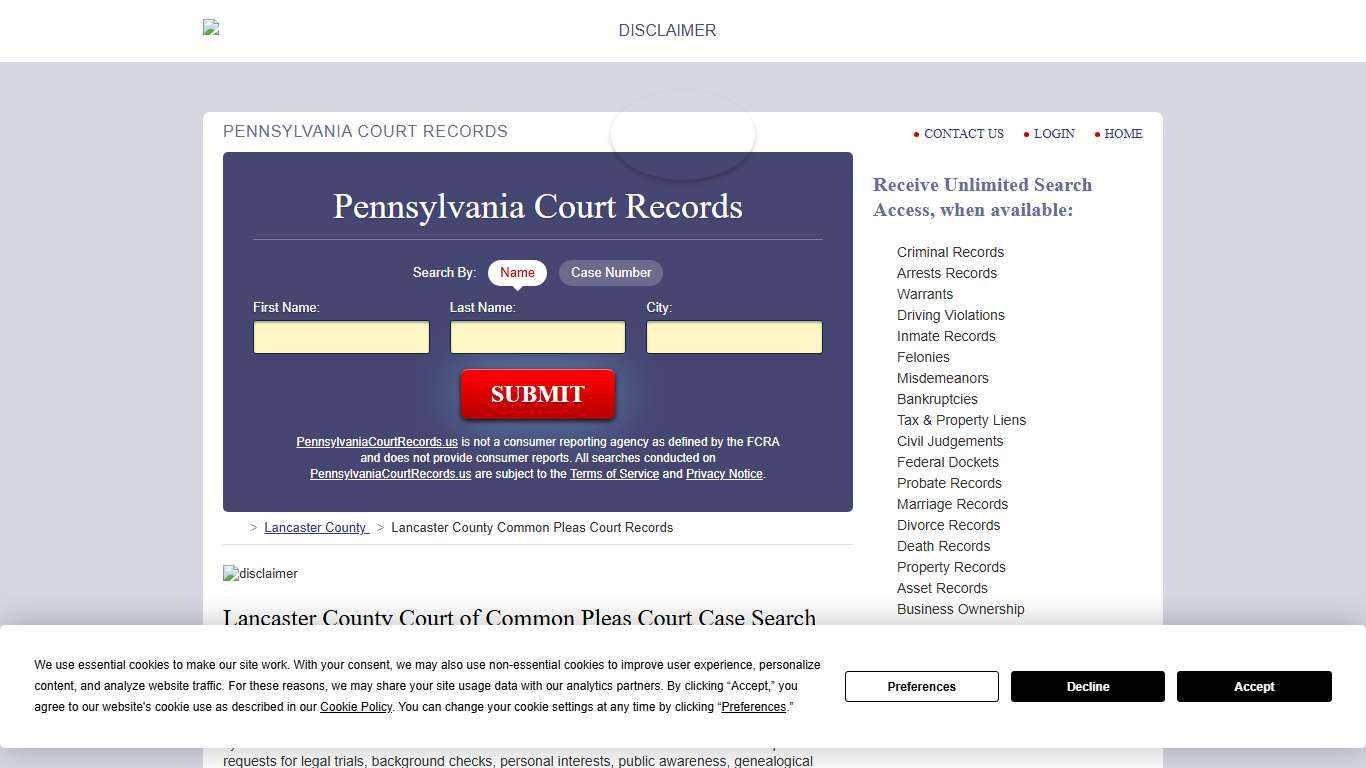 Lancaster County Common Pleas Court Records PennsylvaniaCourtRecords.us